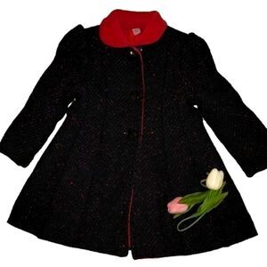 Rothschild Kids Black Tweed Herringbone Red Collar Button Coat Jacket Size 4‎